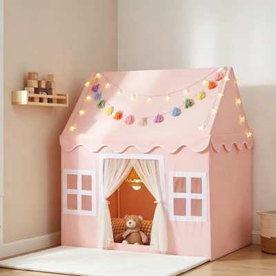 Sisticker Kids Play Tent, Indoor Princess Playhouse with Floor Mat, Tassel Garland & Star Lights, Large Tent for Girls Boys, Toddler Birthday Festival Gift
