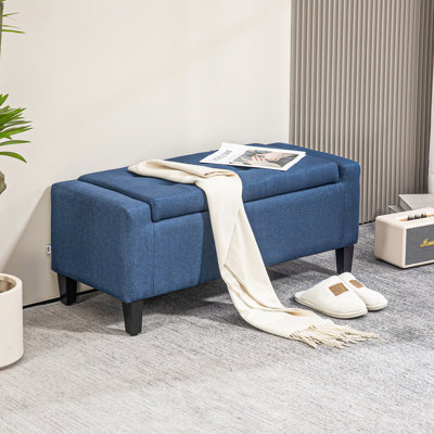 Banc de rangement bleu foncé By, revêtement en lin recouvert de boutons, chambre à coucher polyvalente et repose-pieds en lin, plateau pour la maison et les espaces intérieurs, solution de repos fonctionnelle