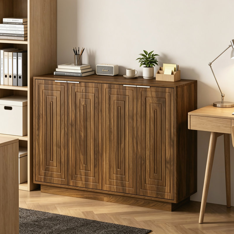 Buffet/meuble console moderne de style Art déco, de 140 cm de large, avec étagères réglables et grand espace de rangement dissimulé, idéal pour la cuisine, la salle à manger et le salon.