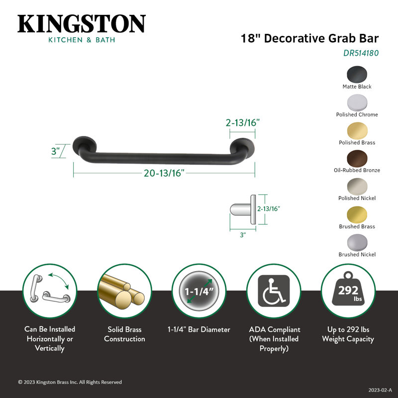 Kingston Brass Meridian 1-1/4 Inch O.D Grab Bar, 20.81" W, Brushed Brass