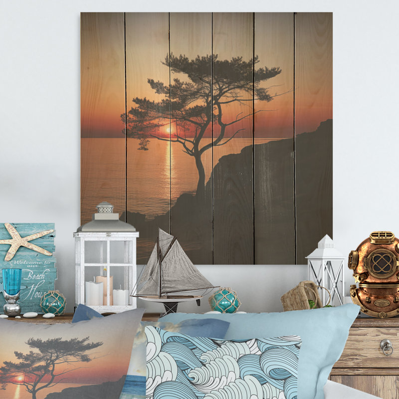 Coastal Tree Panorama I - coucher de soleil côtier, art mural sur bois de pin naturel, H 15 po x l 15 po