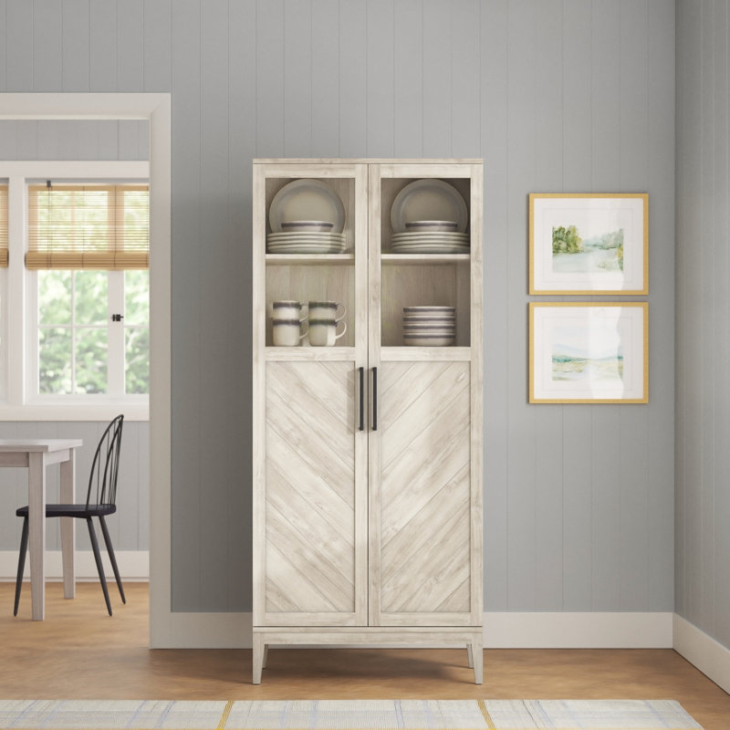 Anjalika Chevron Glass Door China Cabinet with Wine Bottle Storage, Birch