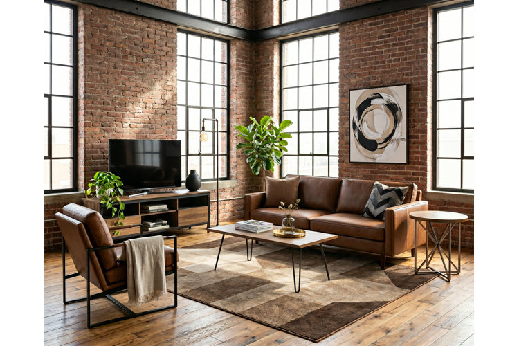 industrial loft apartment with a leather sofa and accent chair, exposed brick walls, and distressed wood flooring