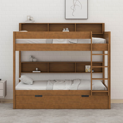Bunk Bed Frame With Trundle And Storage Shelves, Solid Wood Floor Bunk Bed With Ladders And Guardrails