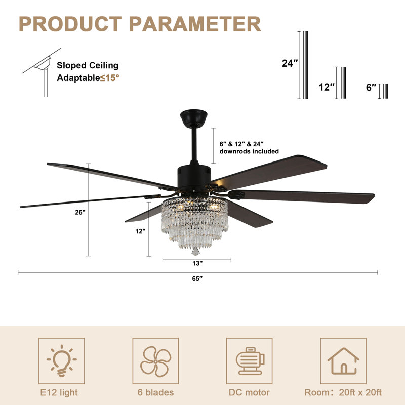 Leisel 65" Black Modern Glam Crystal Ceiling Fan with Lights, 6 Speeds Reversible Chandelier Ceiling Fan with Crystals for Large Room