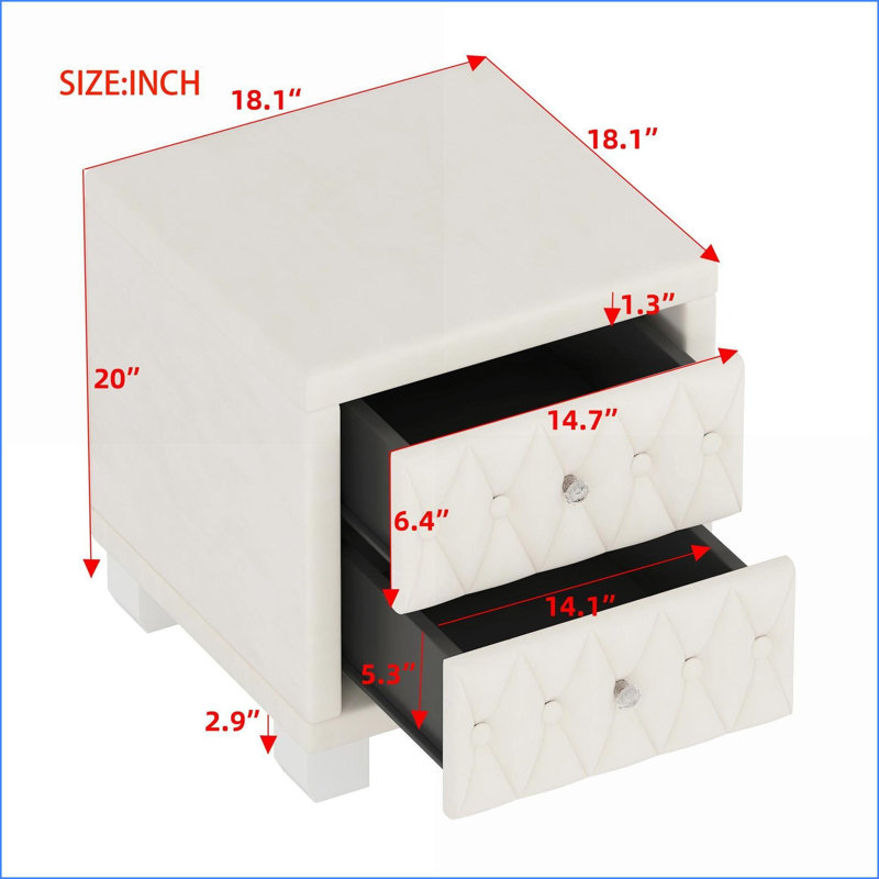 Table de chevet 2 tiroirs en velours beige avec poignées et rangement en cristal, Beige