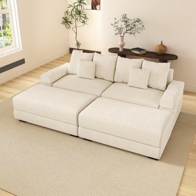 92" Corduroy Upholstered Two-seater Sofa, Two Ottoman