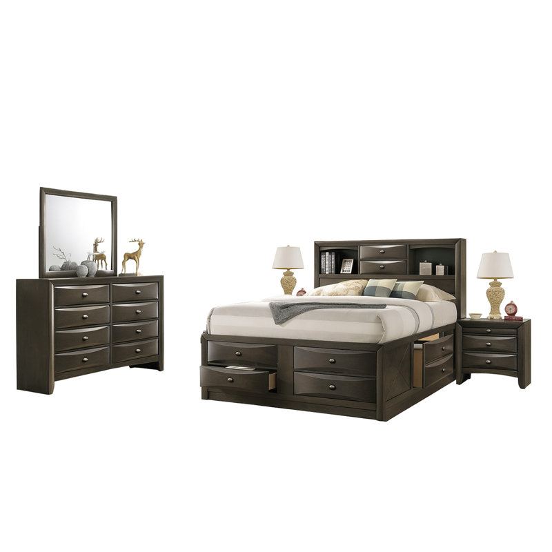 Ensemble de chambre à coucher grand avec 5 pièces Simo, tête de lit bibliothèque, 2 tables de chevet, gris, Gris