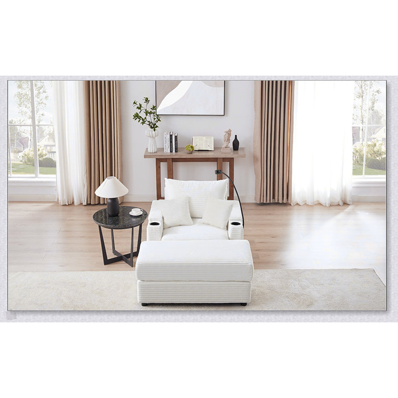 Canapé simple de style moderne avec rangement, repose-pieds mobile, ports USB, porte-gobelets et porte-téléphone pour le salon