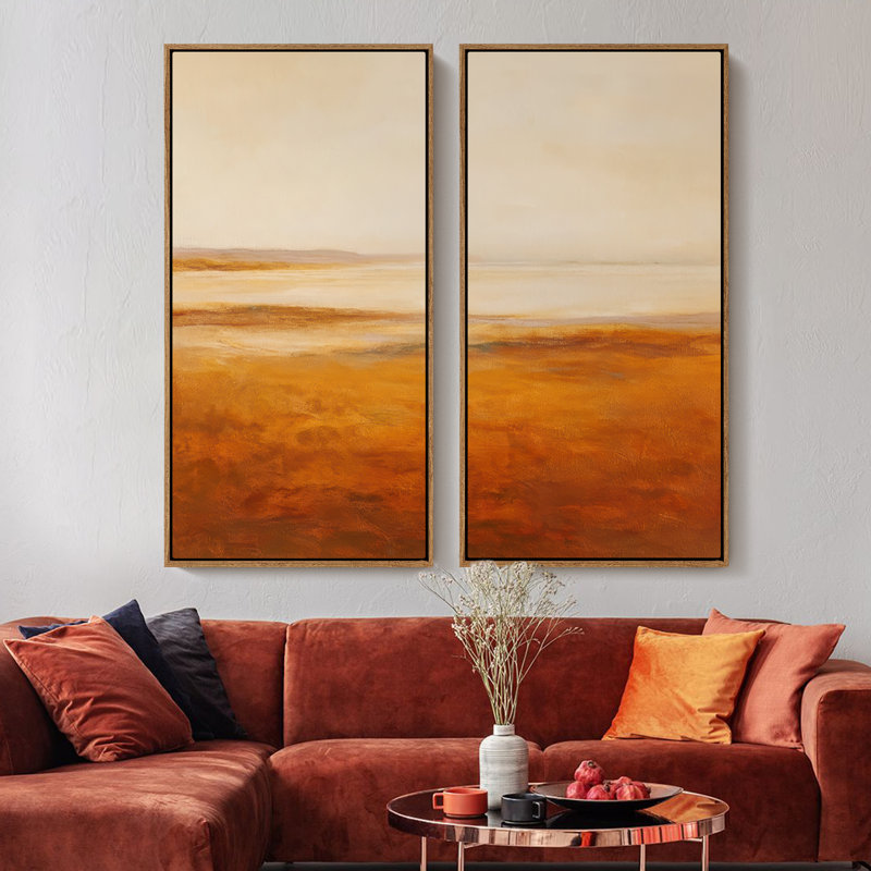 «Warm Sunset Horizon Landscape», ensemble de 2 reproductions d'art encadrées sur toile 60 po x 30 po x 2 pièces, Naturel