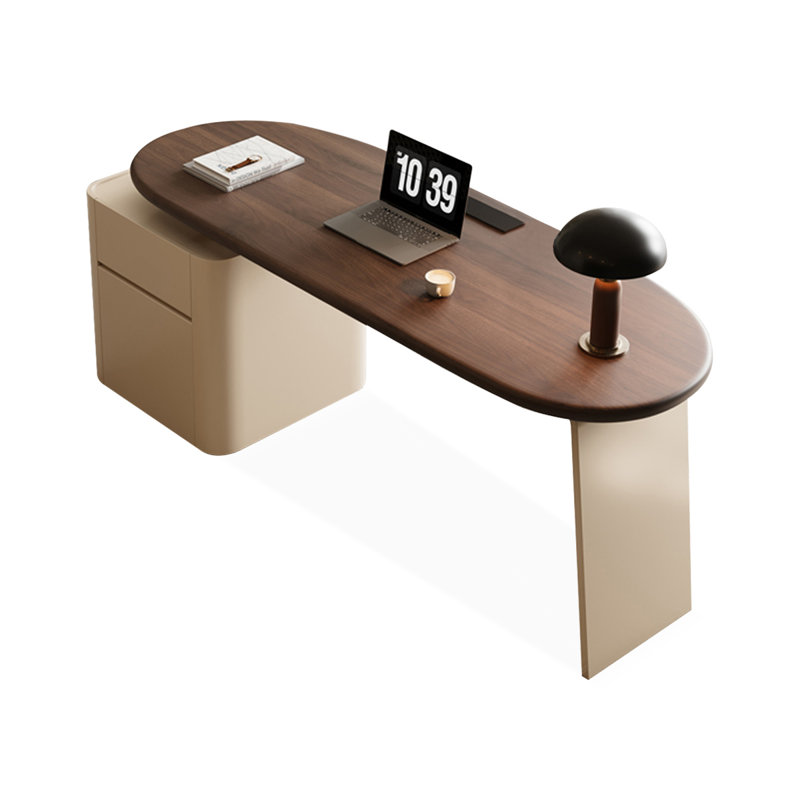 Bureau en bois manufacturé courbé brun noisette + beige avec 1 tiroir, H 29,53 po x l 78,74 po x P 31,5 po