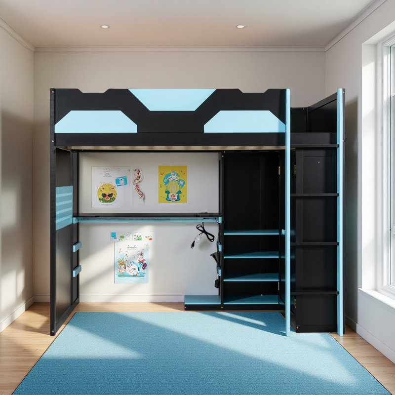 Lit mezzanine double en bois avec bureau, Bleu