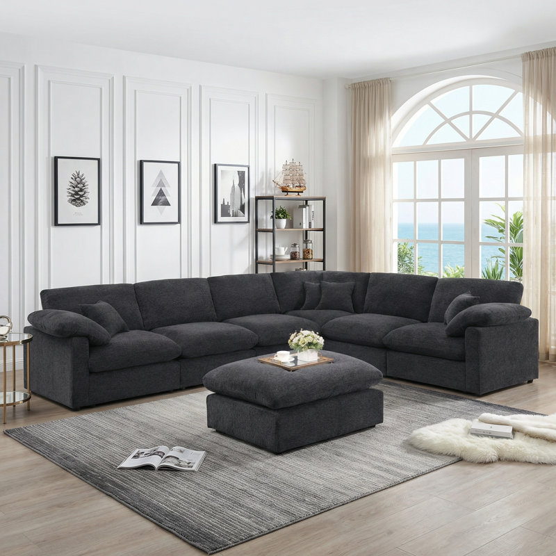 144" W U-shaped Chenille Sectional Sofa, Large 7-seater Corner Sectional, Dark Gray Chenille
