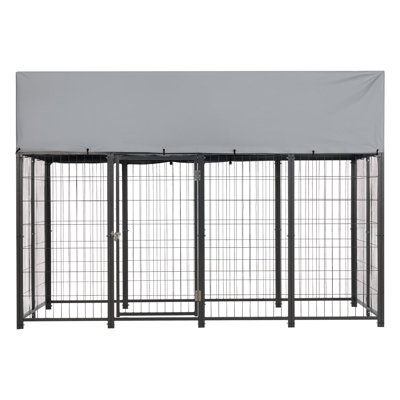 Heavy Duty Welded Steel Outdoor Dog Enclosure with UV Blocking Waterproof PE Tarp Roof Cover Secure Locking Door Spacious Exercise Run Shelter for Large Breed Dogs Backyard Use Silver Roof Black Metal Frame
