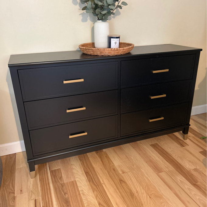 green emerald velvet dress Benjara 6 Drawer Wooden Dresser with Metal Hairpin Legs, White and Gold main image 0