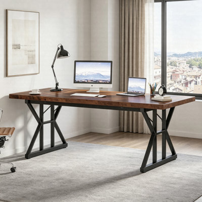 Bureau de direction 70,8 po, grand bureau d'ordinateur avec structure en métal, table de travail moderne