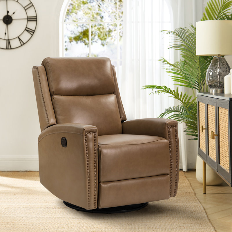Chikako Genuine Leather Swivel Rocker Manual Recliner, Taupe Genuine Leather