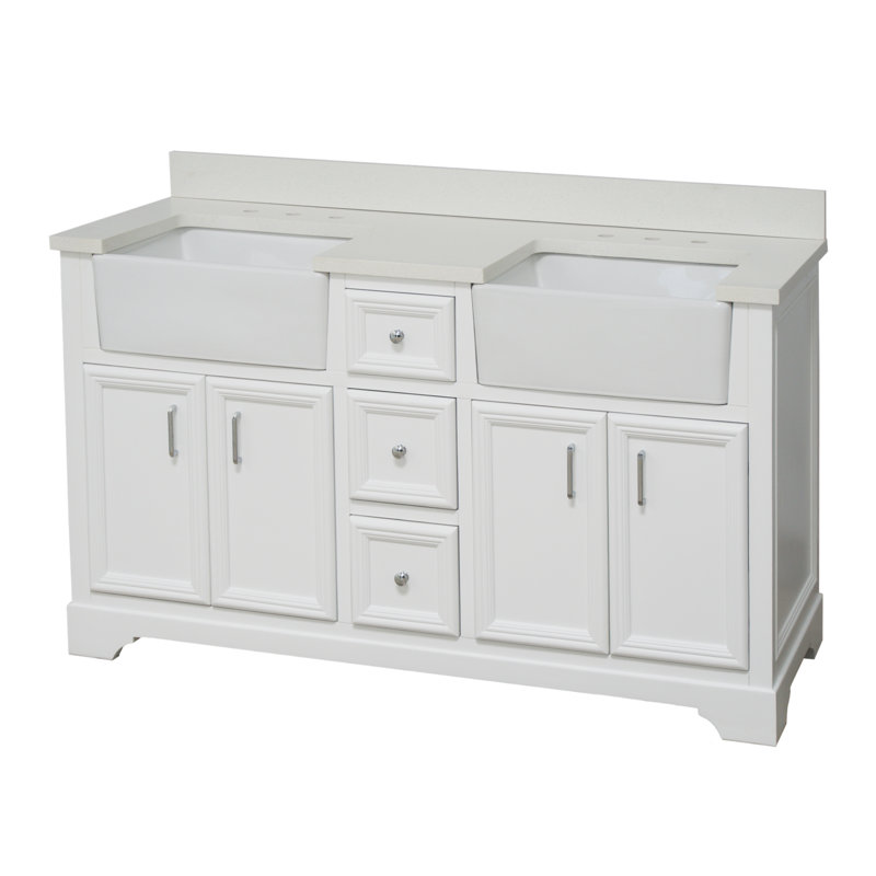 Ensemble de meuble-lavabo double 60 po Emiliano, Blanc, Quartz
