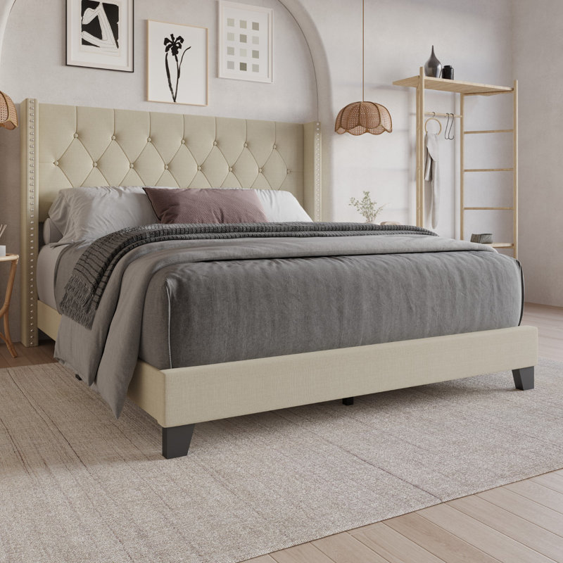 Ameire Upholstered Wingback Bed, Beige, King