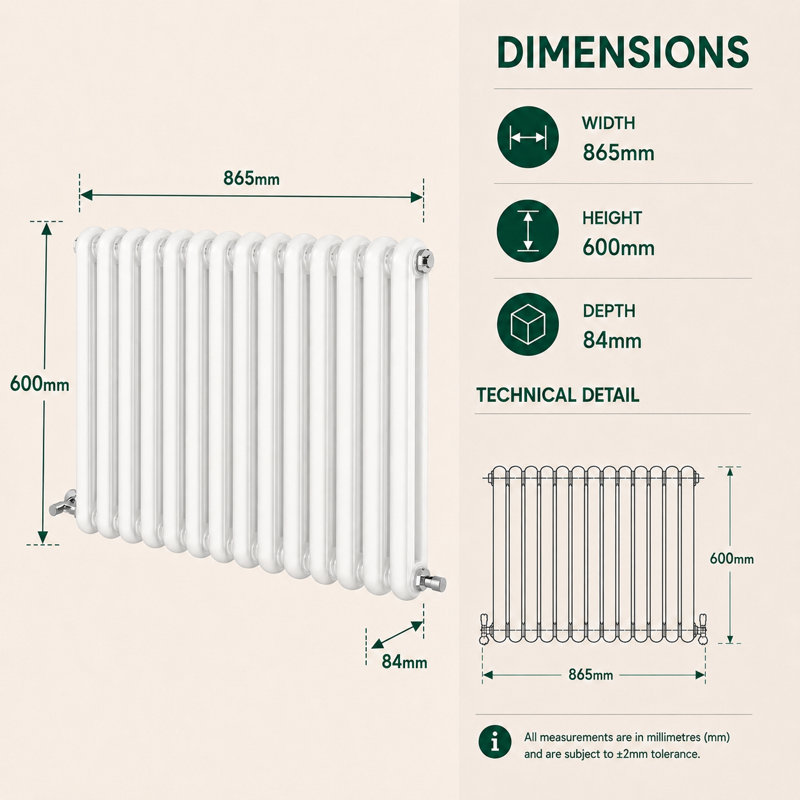 Horizontal Oval Panel Radiators, 60 cm H x 86 cm W x 10 cm D, White