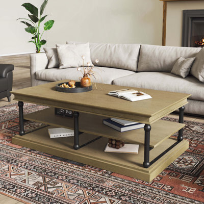 Table basse en bois de 55,1 po, pieds noirs, 2 tablettes de rangement ouvertes, mobilier de salon brun moderne | Idée cadeau