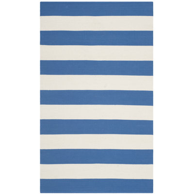 Tapis rayé bleu / ivoire en coton tissé à plat à la main Brookvale