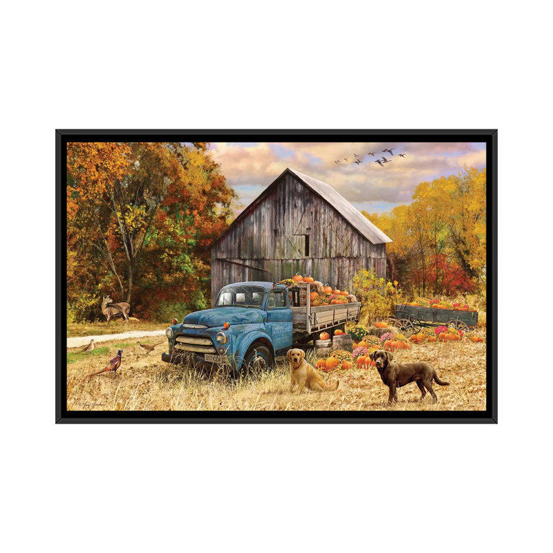 «Fall Truck And Barn» - reproduction, H 26 po x l 40 po x 1,5 po, Cadre noir