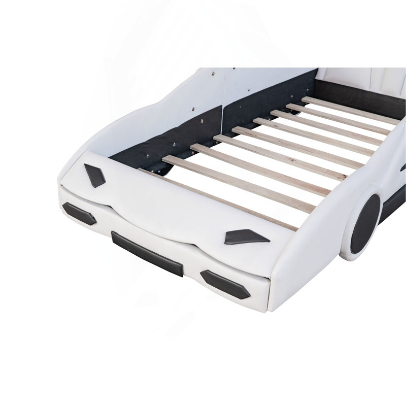 Twin Size Race Car-Shaped Platform Bed With Wheels, White