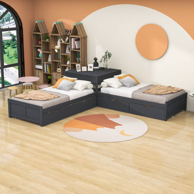 Twin Size 2 Drawers Wooden L-shaped Platform Beds with Trundle and Built-in Table by Red Barrel Studio