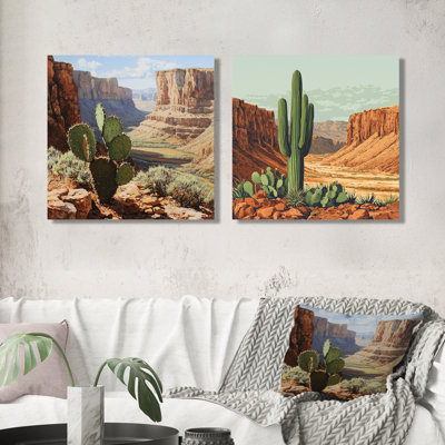 Cactus et le canyon en Arizona I - Art mural floral cactus - ensemble de 2 décorations murales traditionnelles