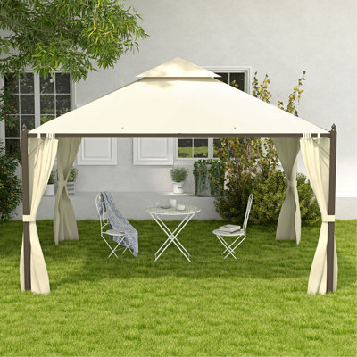 Pavillon de jardin extérieur en acier 10 pi x 12 pi avec rideaux d'intimité en polyester Outsunny, toit à deux niveaux pour l'air, grand design