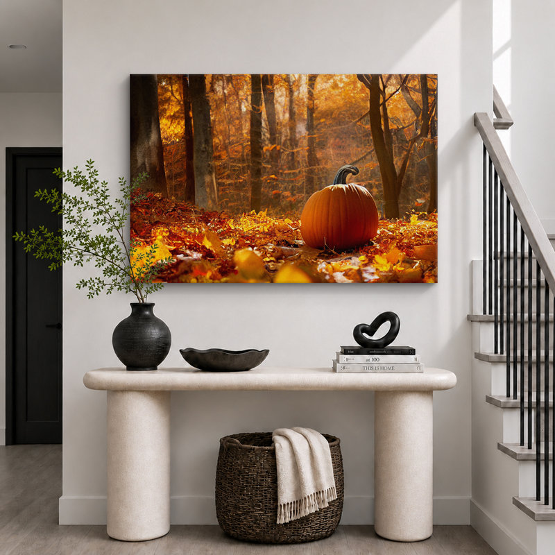 «Autumn Fall», citrouille de l'Action de grâce dans la forêt orange, paysage naturel, impression sur toile encadrée