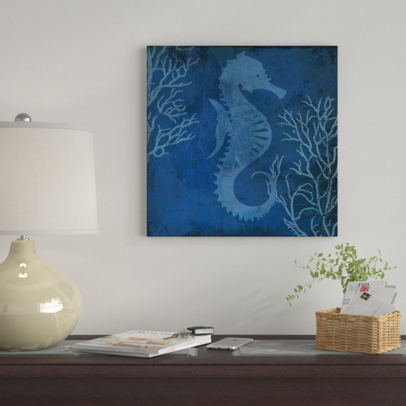 «Navy Sea Horse», impression sur toile, H 24 po x l 24 po x P 1 po, Papier d'art encadré noir, Blanc