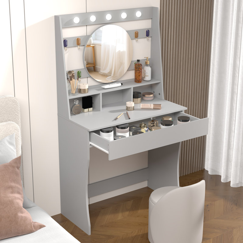 Tamme Dressing Table with Round Mirror, 80x40x140cm 3 Colors LED Light Vanity Table, Grey
