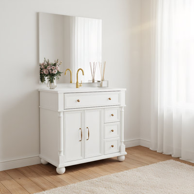 28" Mid-Century Bathroom Vanity with Sink,Solid Wood Frame& Metal Handles
