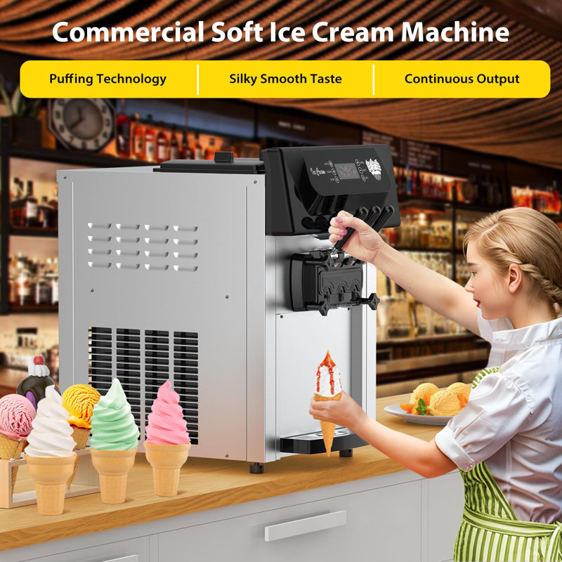 Machine à crème glacée commerciale commerciale, machine à glaçons de comptoir 3 saveurs 2200W 7,4 Gal / H, acier inoxydable avec écran LCD et nettoyage automatique pour une utilisation commerciale