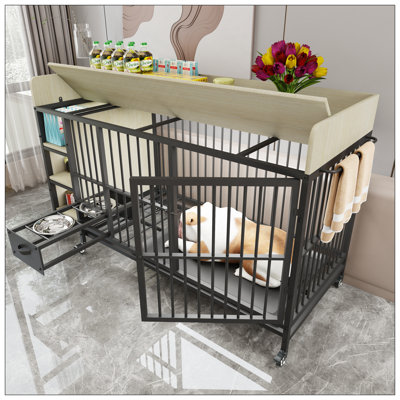Large Pet Cage With Storage, Drawers, And Stainless Steel Basins, Sturdy Iron Frame And MDF Material For Durability And Practicality