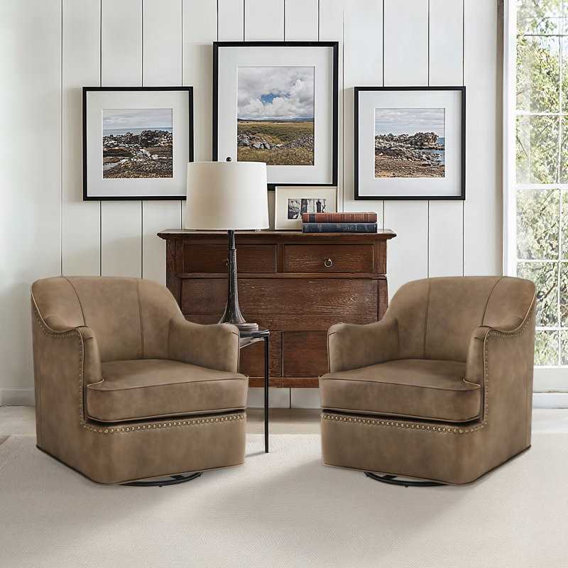 Genuine Leather Swivel Barrel Chairs, Grayish Brown