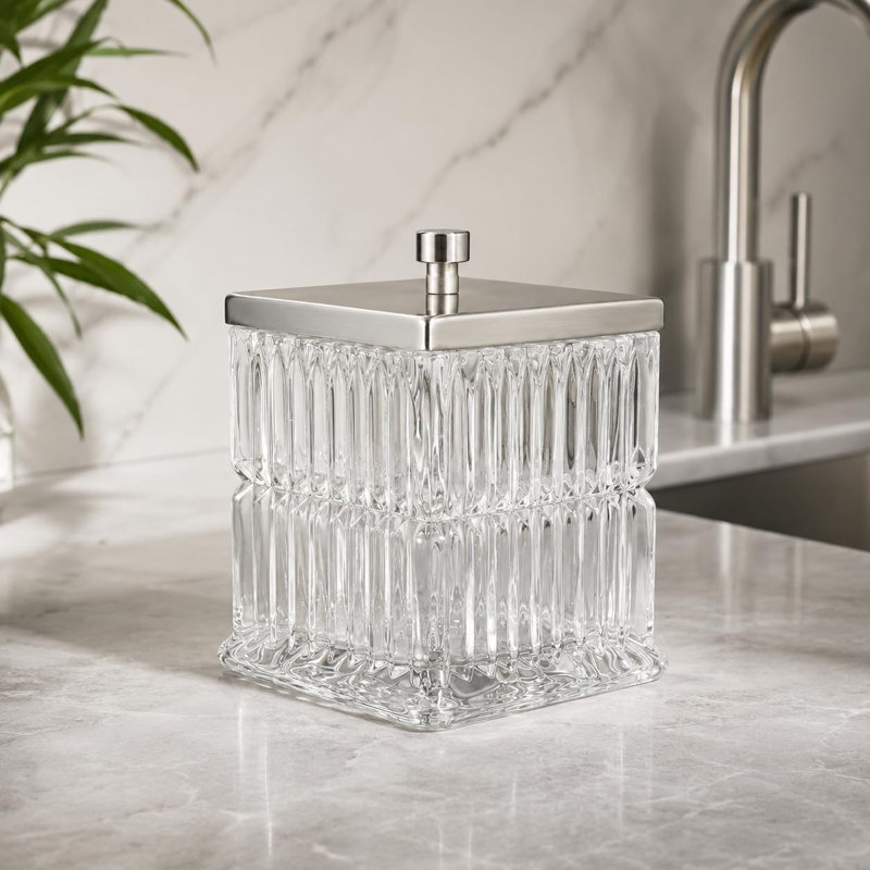 Pot à coton en verre Vince Camuto Home – Couvercle noir mat, élégant pot de rangement pour cotons-tiges, boules de coton, fil dentaire, maquillage, rangement de salle de bain et coiffeuse