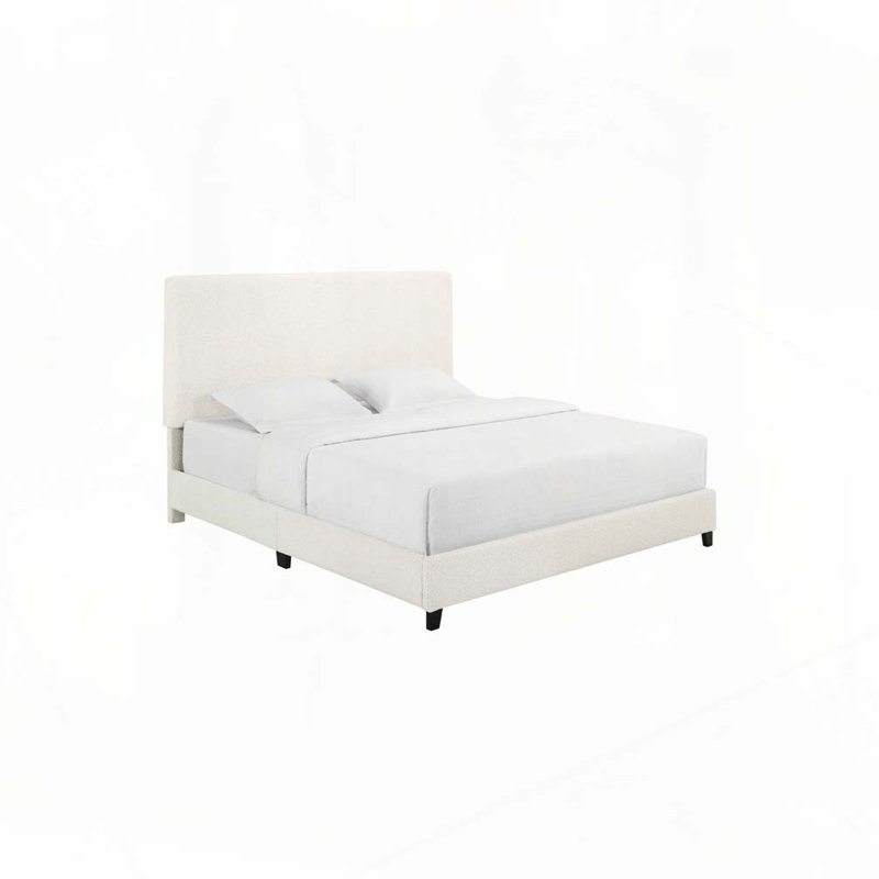Boucle Upholstered Platform Bed, White, Queen