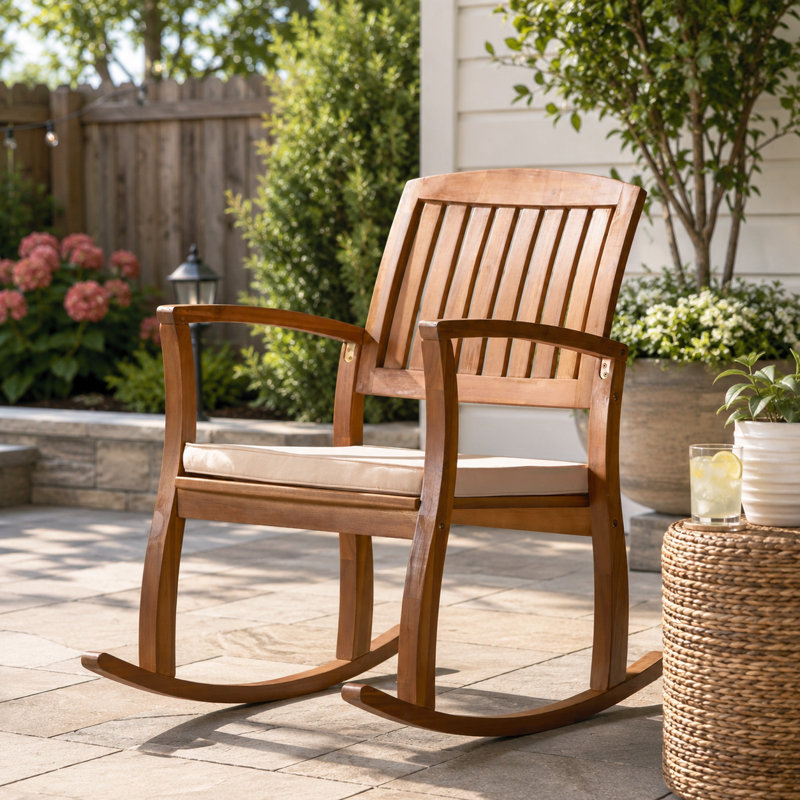 Chaise berçante d'extérieur en bois d'acacia naturel avec coussin, chaise berçante pour patio et jardin