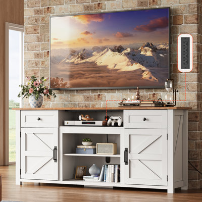Hartin Farmhouse TV Stand for 75 inch TVs with Large Storage Cabinets & Drawers, Modern Entertainment Center with Built-in Power Outlet, Media Console with Open Shelves for Living Room