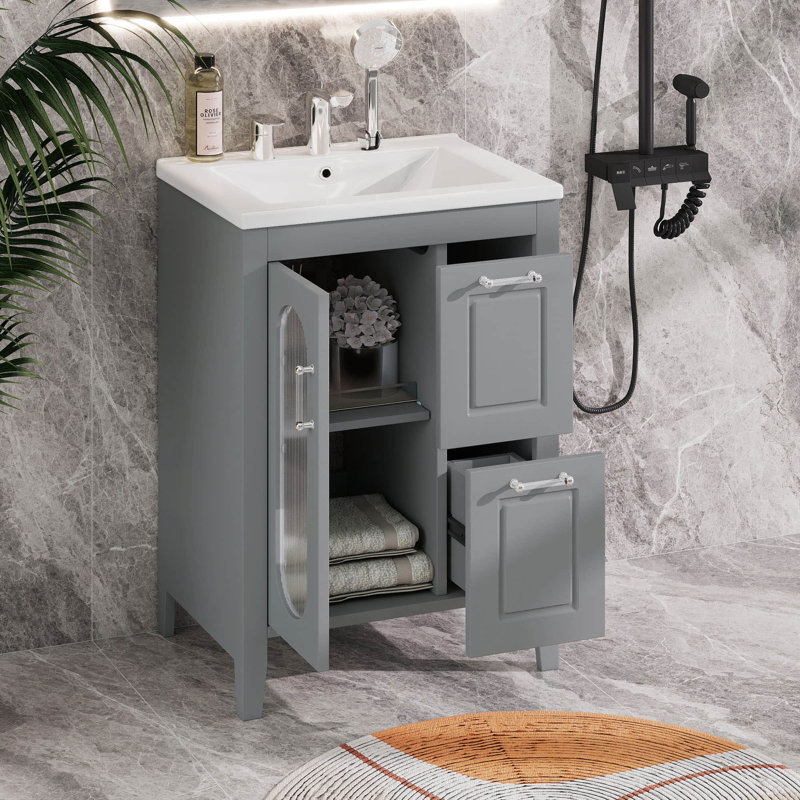 Meuble-lavabo de salle de bain 24 po avec lavabo en céramique, 1 porte en verre, 2 tiroirs à fermeture douce et tablette réglable