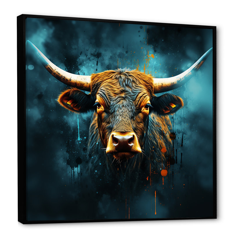 Mystic Blue Majestic Taurus II - Bétail, art mural, Cadre flottant noir, H 30 po x l 30 po