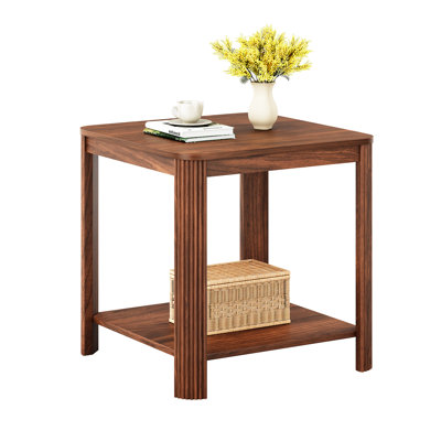 2-Tier Boho Square End Table, Rounded Corner Storage Side Table Nightstand For Living Room Bedroom Small Spaces