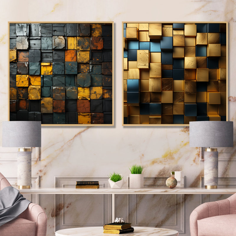 Grunge cubes dorés abstrait géométrique I - ensemble de 2 reproductions d'art abstrait géométrique, Encadrement brun