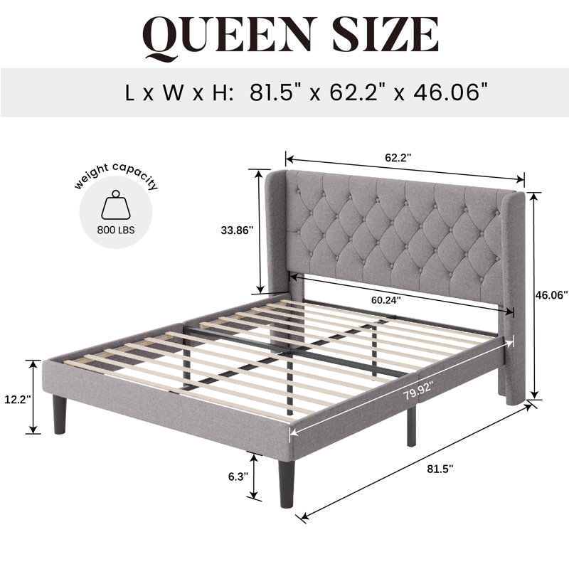 Walace Upholstered Wingback Bed, Light Gray, Queen