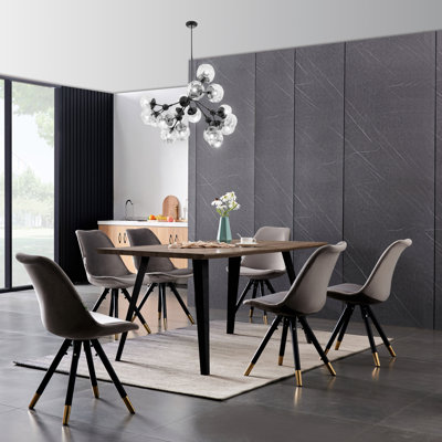 Gwawr 6 Person Dining set - a Rectangular Wooden Dining Table with Metal Legs and a Set of 6 Quilted Velvet Dining Chairs for Dining Room - Modern Dining Table Set