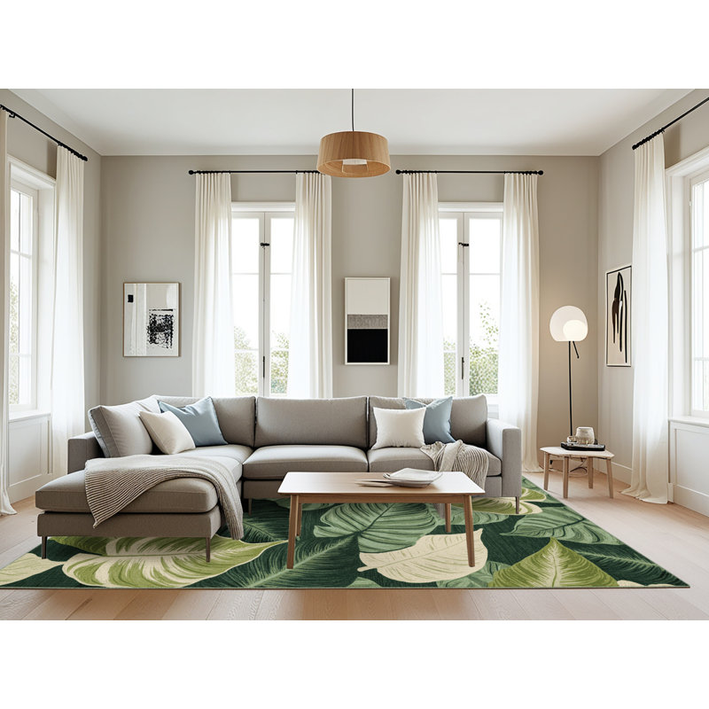 Machine Washable Botanical Green Area Rug, Rectangle 6' x 9'