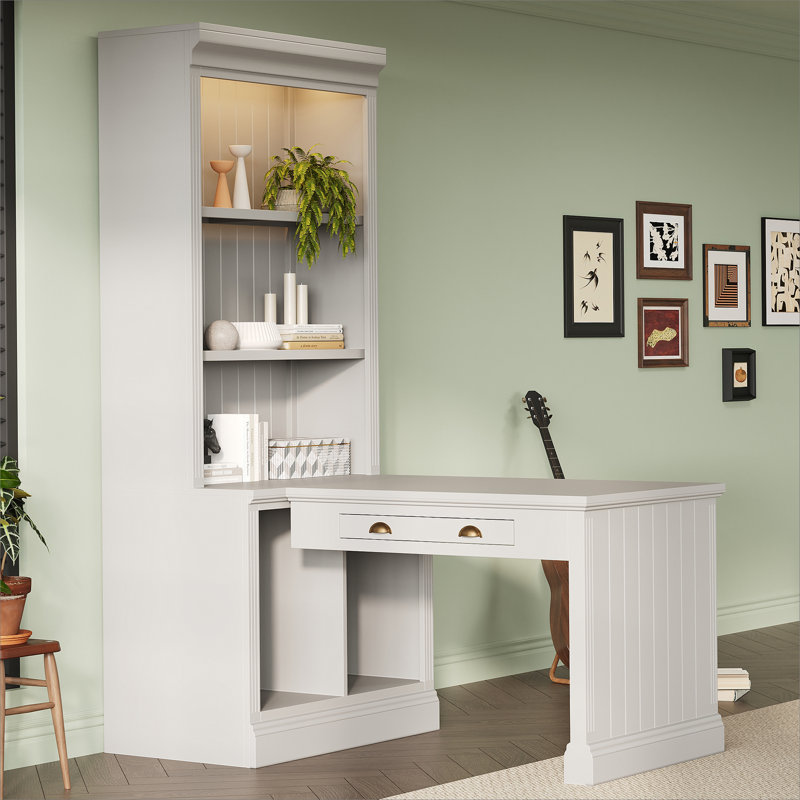 83.4"Tall Bookshelf with Writing Desk, Modern Bookcase with Study Desk, Workstation with Storage Shelf,Storage Bookcase with Open Shelves and LED Lighting for Living Room,Home Office,White